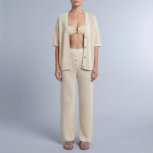 Women's Linen Set | Crochet Knit Wide Leg Trousers Cream front view