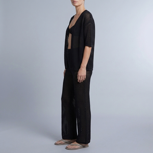 Women's Linen Set | Crochet Knit Wide Leg Trousers Black side view