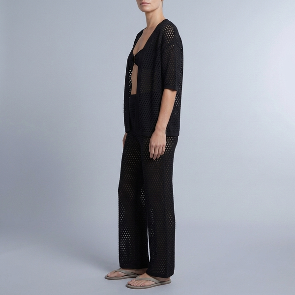 Women's Linen Set | Crochet Knit Wide Leg Trousers Black side view