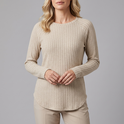 Women's Tunic | Long Sleeve Crew Neck Ribbed Knit Apricot front view