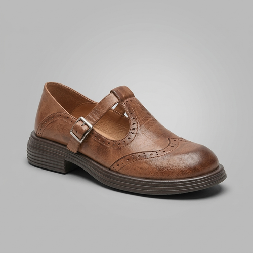 Mary Jane Shoes For Women | Brogue Detail Buckle Strap Leather Brown three-quarter front view