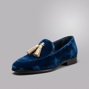 Boat Shoes For Women | Blue Velvet Tassel Slip-On Blue three-quarter front view