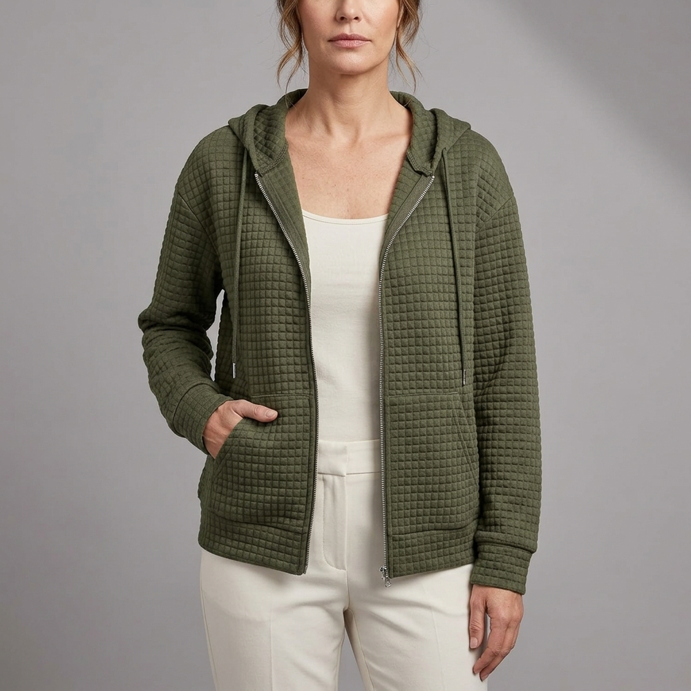 Women's Rain Jacket | Quilted Hooded Zip Front Green front view
