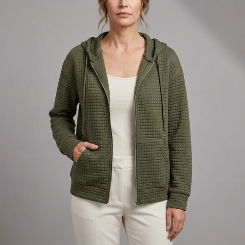 Women's Rain Jacket | Quilted Hooded Zip Front Green front view
