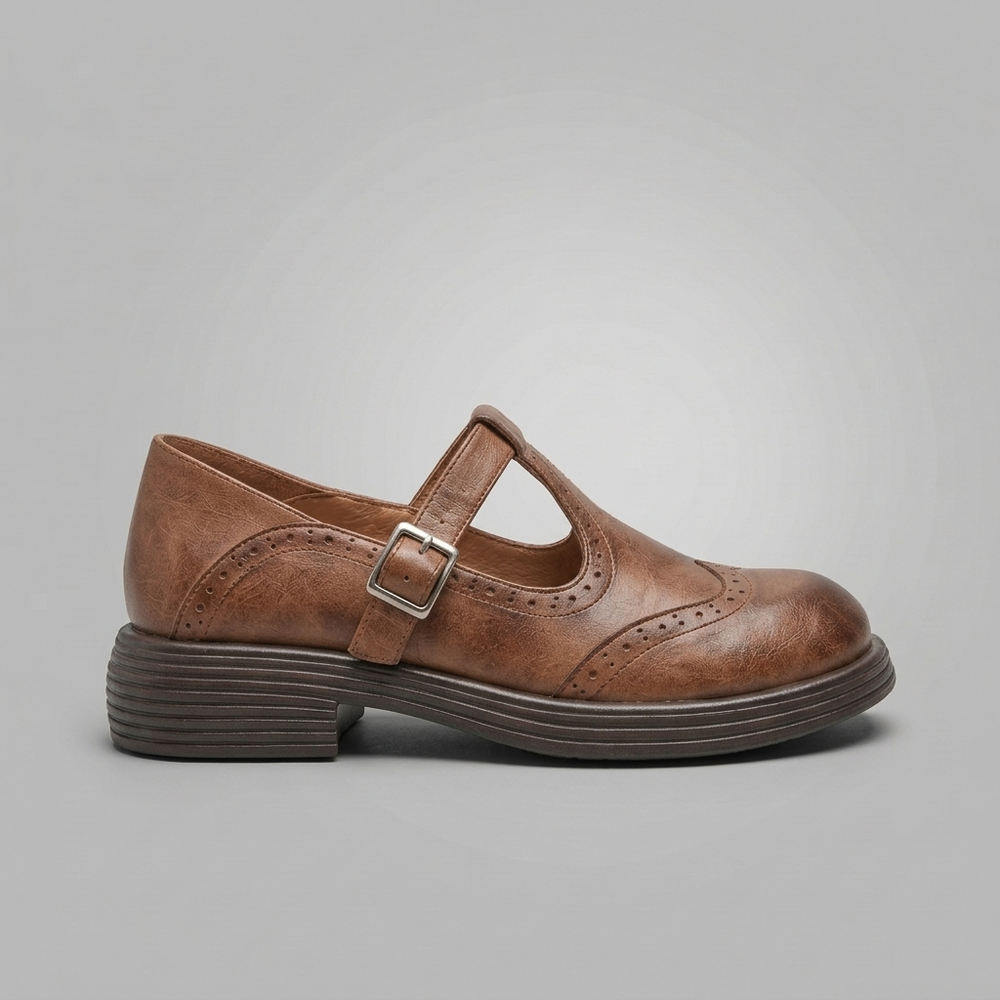 Mary Jane Shoes For Women | Brogue Detail Buckle Strap Leather Brown three-quarter front view