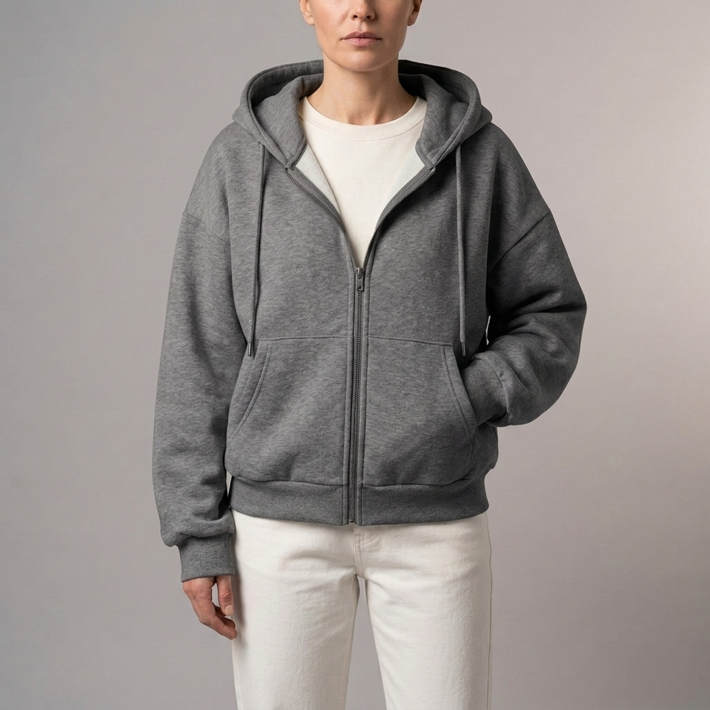 Women's Hoodie | Cropped Zip-Up Long Sleeve Light Grey front view