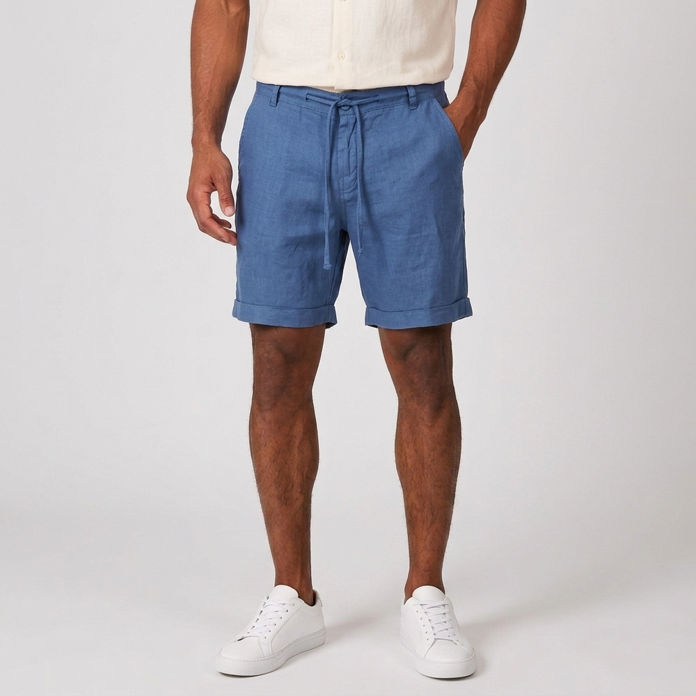 Men's Beach Shorts | Linen Drawstring Elastic Waist Beige front view
