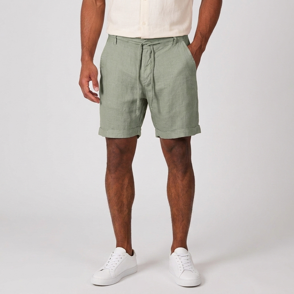 Men's Beach Shorts | Linen Drawstring Elastic Waist Green front view