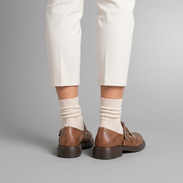 Mary Jane Shoes For Women | Brogue Detail Buckle Strap Leather Brown worn back view
