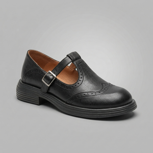 Mary Jane Shoes For Women | Brogue Detail Buckle Strap Leather Black three-quarter front view