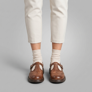 Mary Jane Shoes For Women | Brogue Detail Buckle Strap Leather Brown worn front view