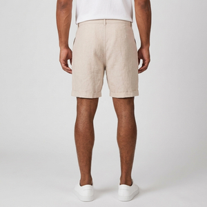 Men's Beach Shorts | Linen Drawstring Elastic Waist Beige back view