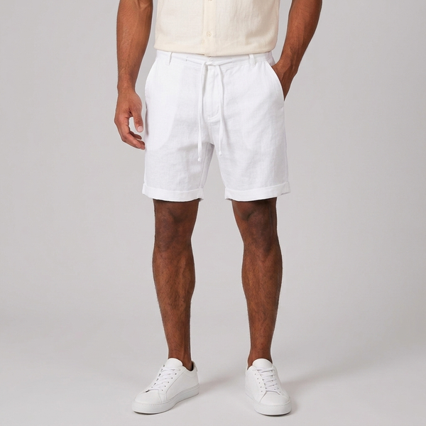 Men's Beach Shorts | Linen Drawstring Elastic Waist White front view