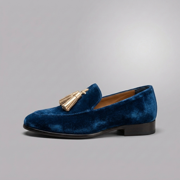 Boat Shoes For Women | Blue Velvet Tassel Slip-On Blue side profile