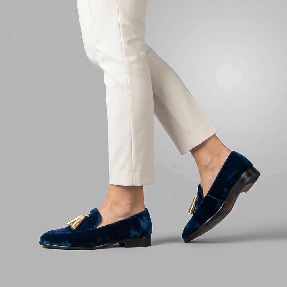Boat Shoes For Women | Blue Velvet Tassel Slip-On Blue three-quarter front view
