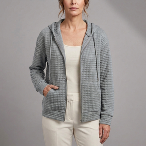 Women's Rain Jacket | Quilted Hooded Zip Front Grey front view