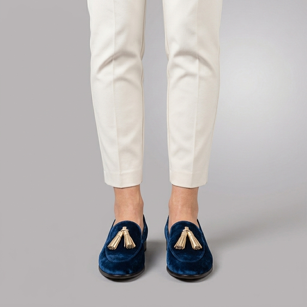 Boat Shoes For Women | Blue Velvet Tassel Slip-On Blue worn front view