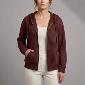 Women's Rain Jacket | Quilted Hooded Zip Front Burgundy front view