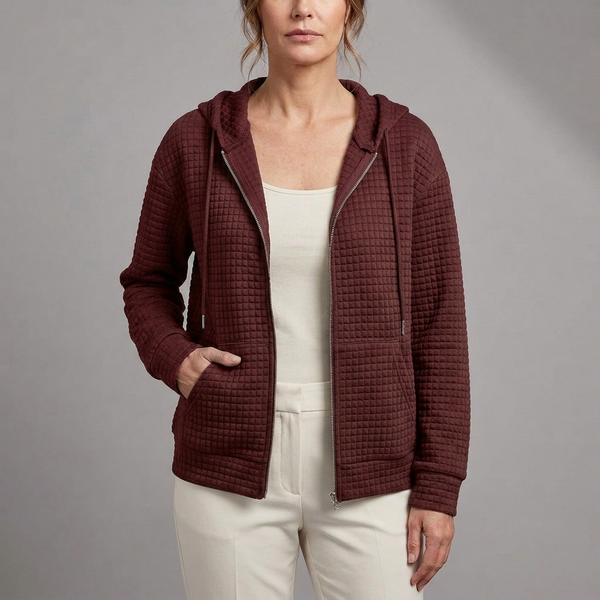 Women's Rain Jacket | Quilted Hooded Zip Front Burgundy front view