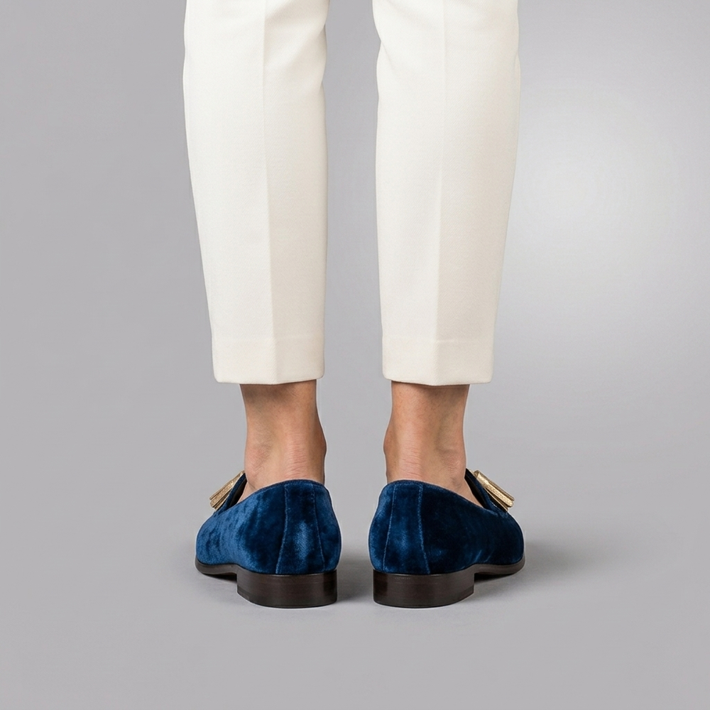 Boat Shoes For Women | Blue Velvet Tassel Slip-On Blue three-quarter front view