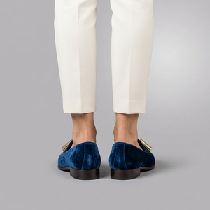 Boat Shoes For Women | Blue Velvet Tassel Slip-On Blue worn back view