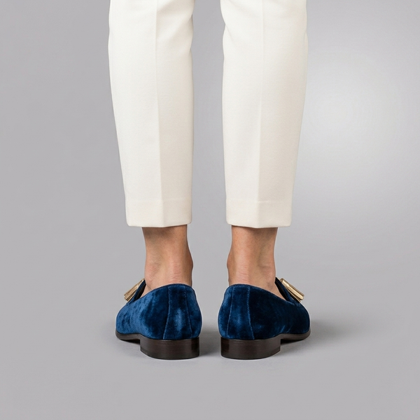 Boat Shoes For Women | Blue Velvet Tassel Slip-On Blue worn back view