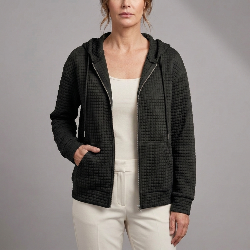 Women's Rain Jacket | Quilted Hooded Zip Front Green front view