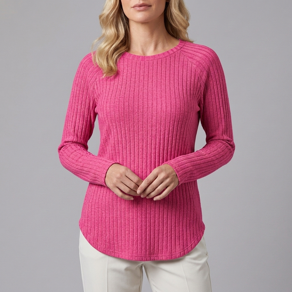 Women's Tunic | Long Sleeve Crew Neck Ribbed Knit Pink front view