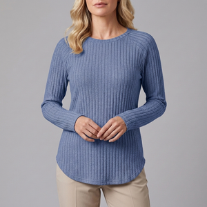 Women's Tunic | Long Sleeve Crew Neck Ribbed Knit Blue front view
