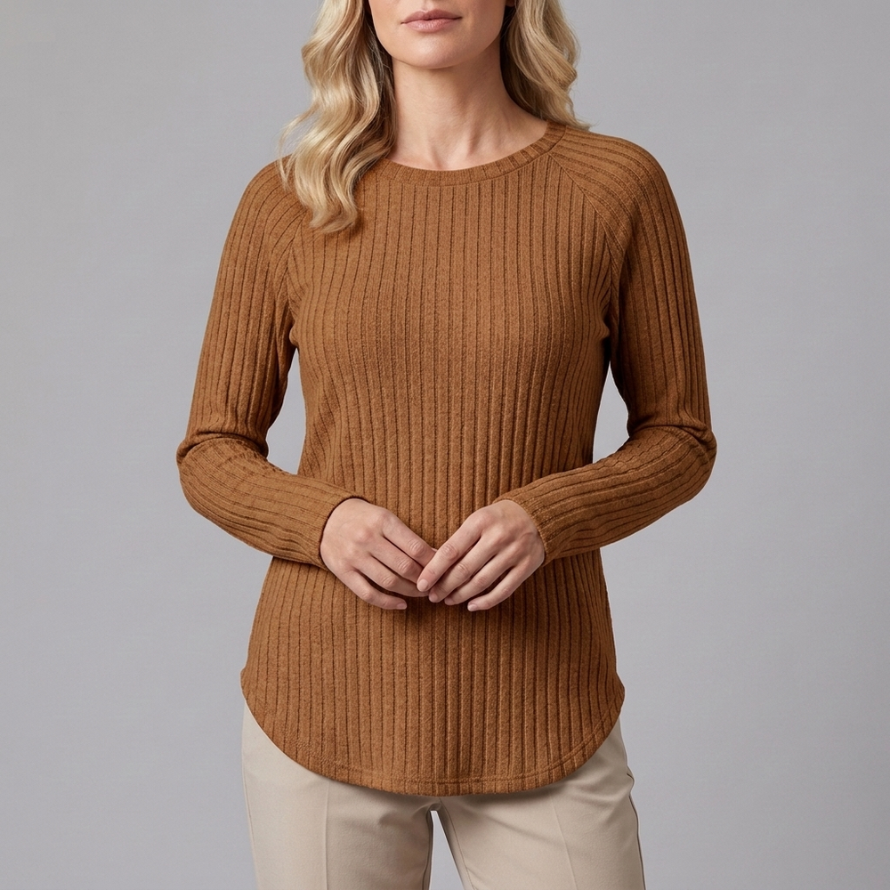Women's Tunic | Long Sleeve Crew Neck Ribbed Knit Apricot front view