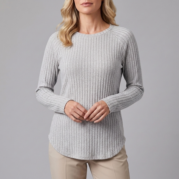 Women's Tunic | Long Sleeve Crew Neck Ribbed Knit Light Grey front view