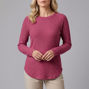 Women's Tunic | Long Sleeve Crew Neck Ribbed Knit Fuchsia front view