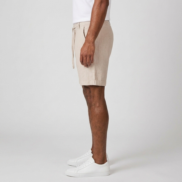 Men's Beach Shorts | Linen Drawstring Elastic Waist Beige side view