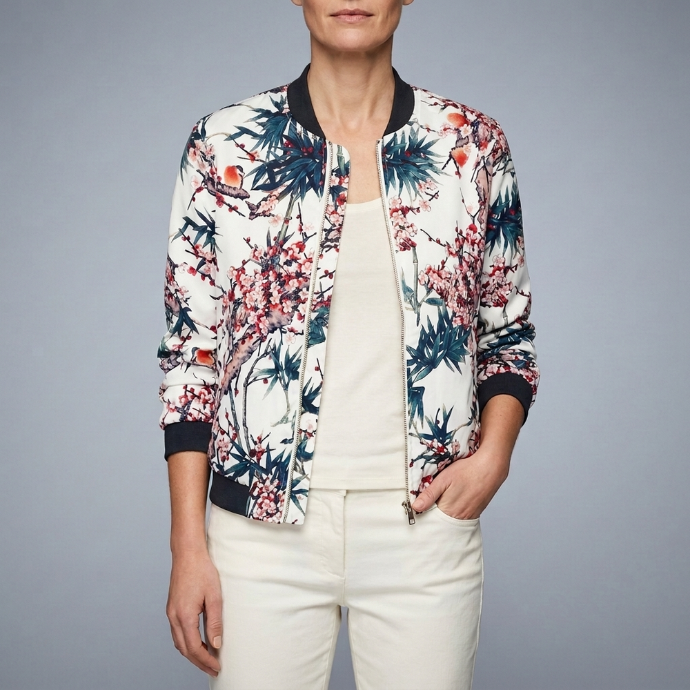 Women's Bomber Jacket | Floral Print Zip Front Blue front view