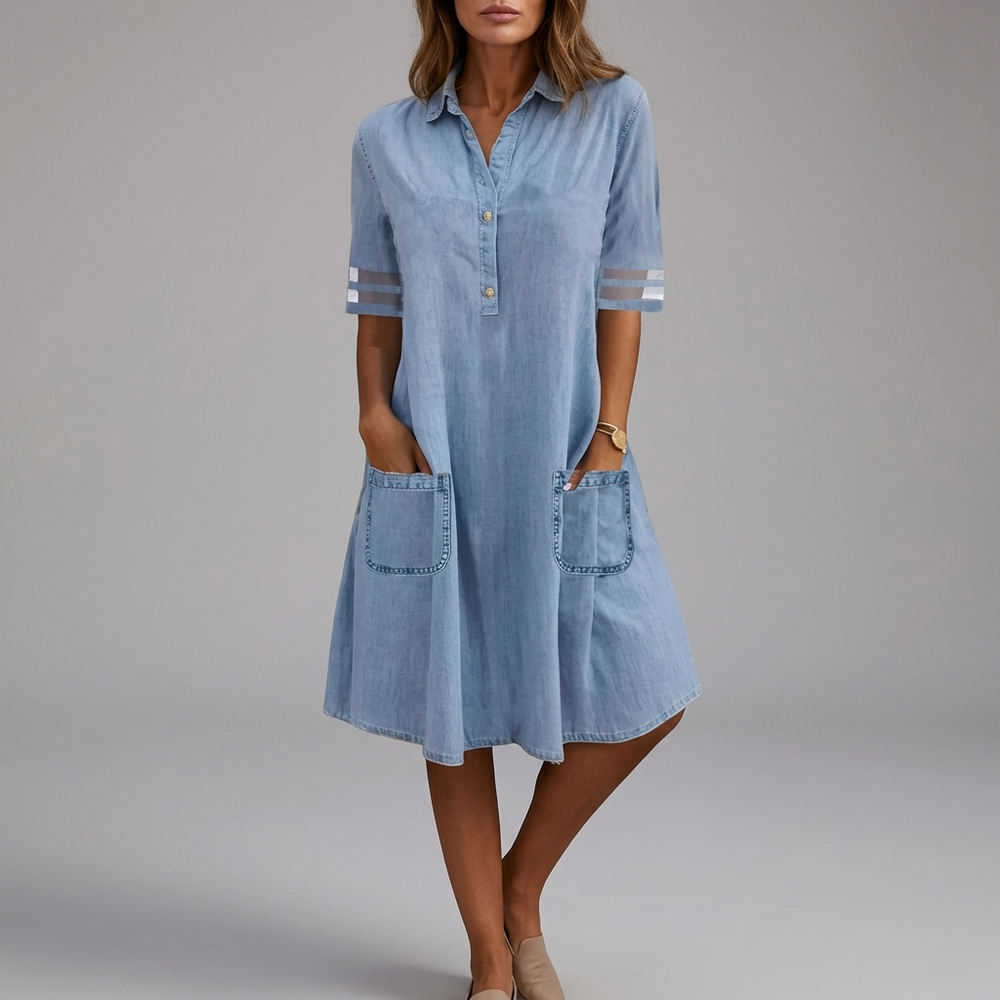 Women's Shirt Dress | Midi Denim Button Front Mesh Sleeve Blue front view