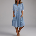 Women's Shirt Dress | Midi Denim Button Front Mesh Sleeve Blue front view