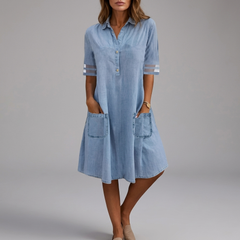 Women's Shirt Dress | Midi Denim Button Front Mesh Sleeve Blue front view