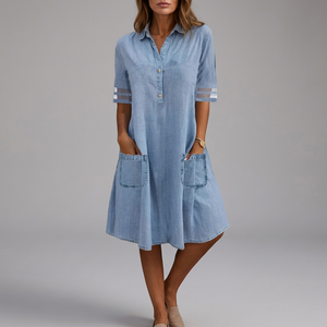 Women's Shirt Dress | Midi Denim Button Front Mesh Sleeve Blue front view