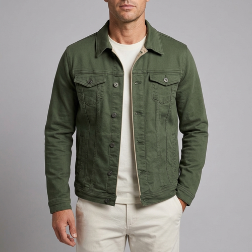 Men's Denim Jacket | Button Front Classic Fit Green front view
