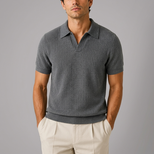 Men's Shirts | Knitted Polo Short Sleeve Grey front view