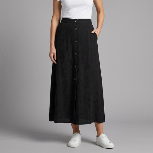 Women's Maxi Skirt | A-Line Elastic Waist Button Front Black front view