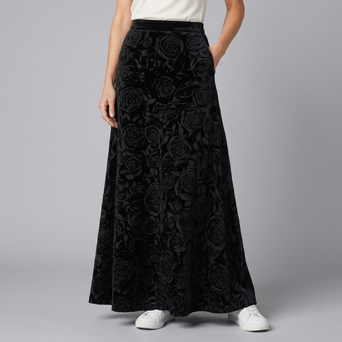 Women's Skirt | Maxi Black Velvet Rose Print A-Line Black front view