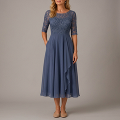 Women's Mother of the Bride Dress | Midi Lace Applique Ruffle Chiffon Blue front view