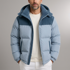 Men's Puffer Jacket | Hooded Corduroy Paneled Blue front view
