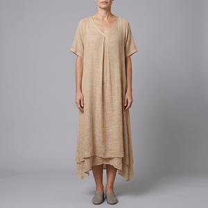 Women's Linen Dress | Midi V-Neck Short Sleeve Beige front view