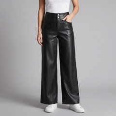 Women's Leather Wide Leg Pants | High Rise Button Fly Black front view