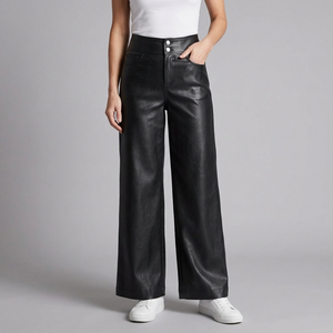Women's Leather Wide Leg Pants | High Rise Button Fly Black front view