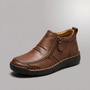 Shoes For Men | Side Zip Leather Look Slip-On Brown three-quarter front view