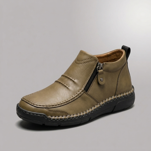 Shoes For Men | Side Zip Leather Look Slip-On Khaki three-quarter front view