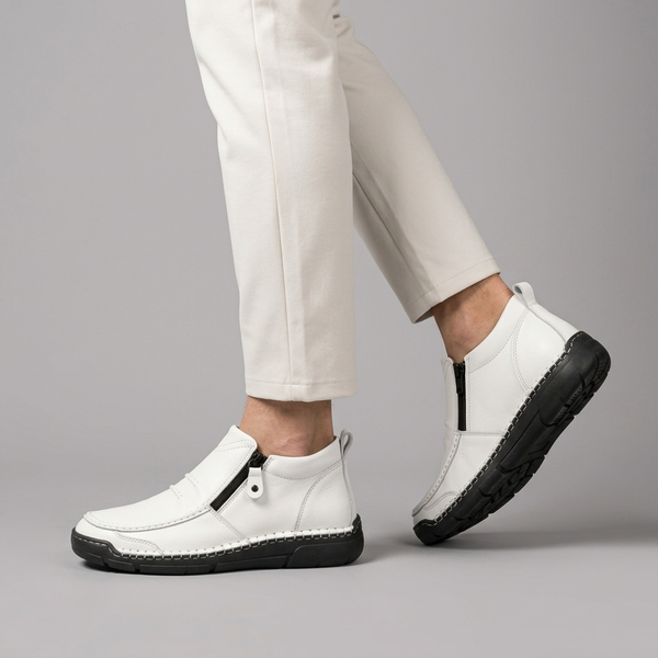 Shoes For Men | Side Zip Leather Look Slip-On White worn side view sole